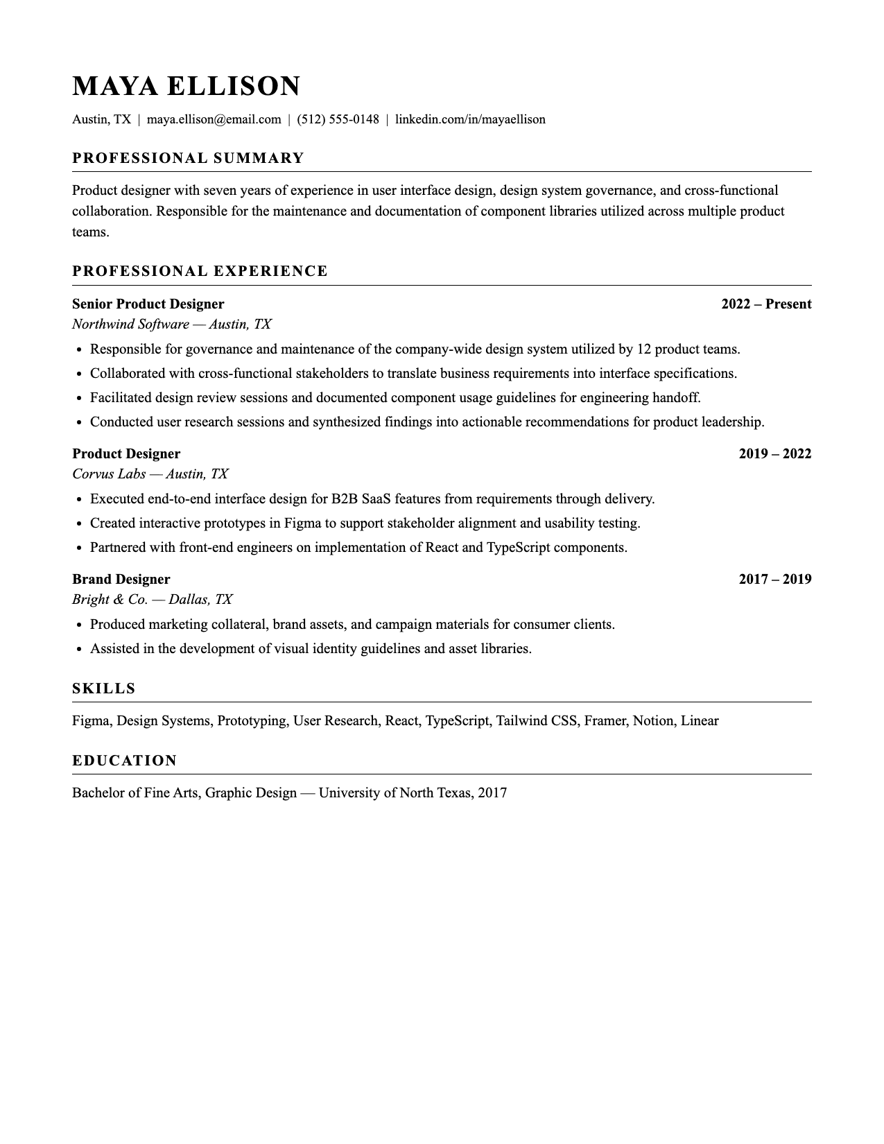 Maya Ellison's one-page resume